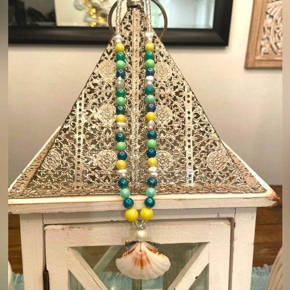 Seashell beaded pearl beach necklace nantucket yellow blue surfer girl toggle - Picture 7 of 14